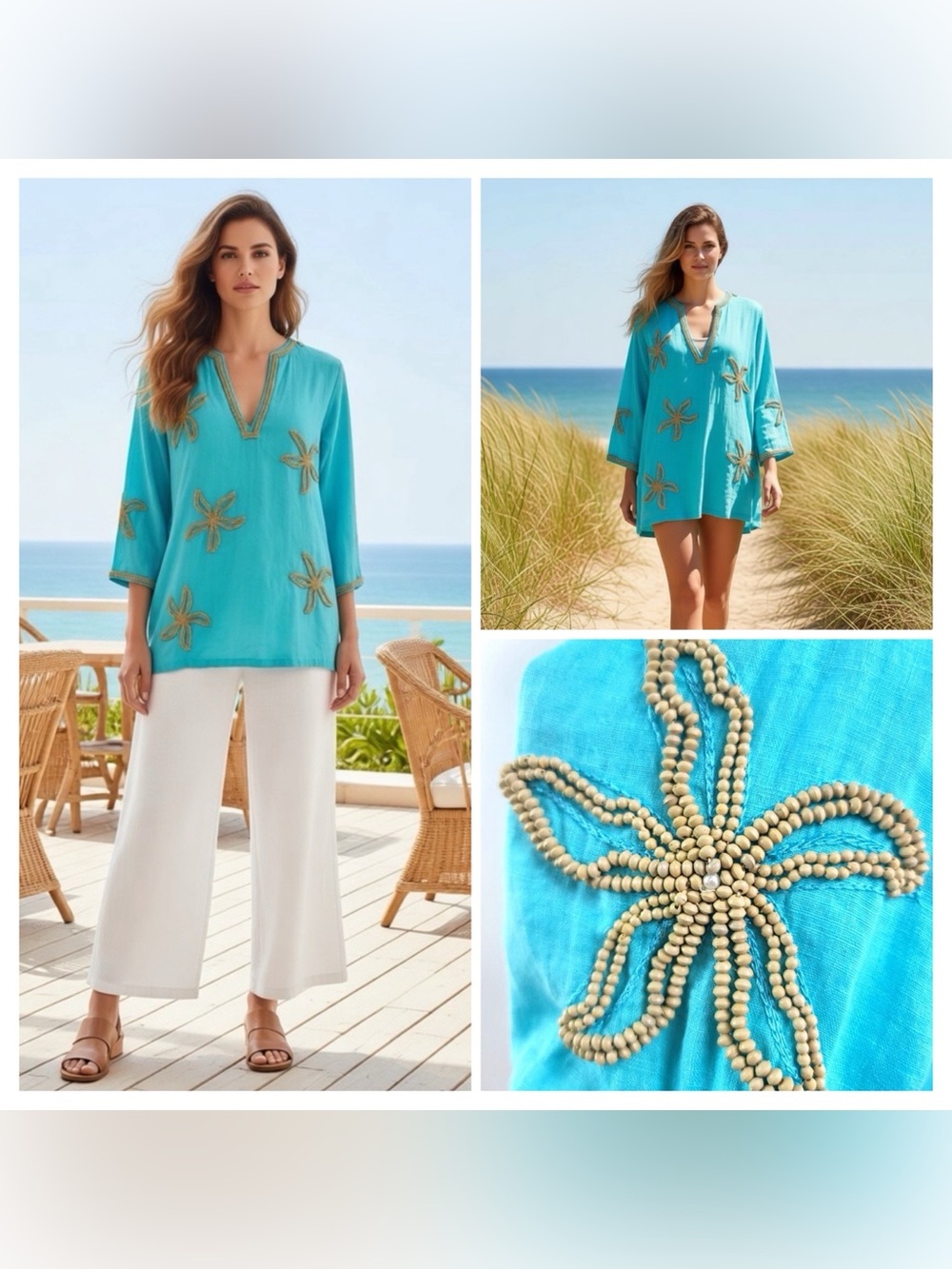 BARBARA GERWIT Blue Linen Starfish Beaded Tunic 3/4 Sleeve Beach Swim Cover Up